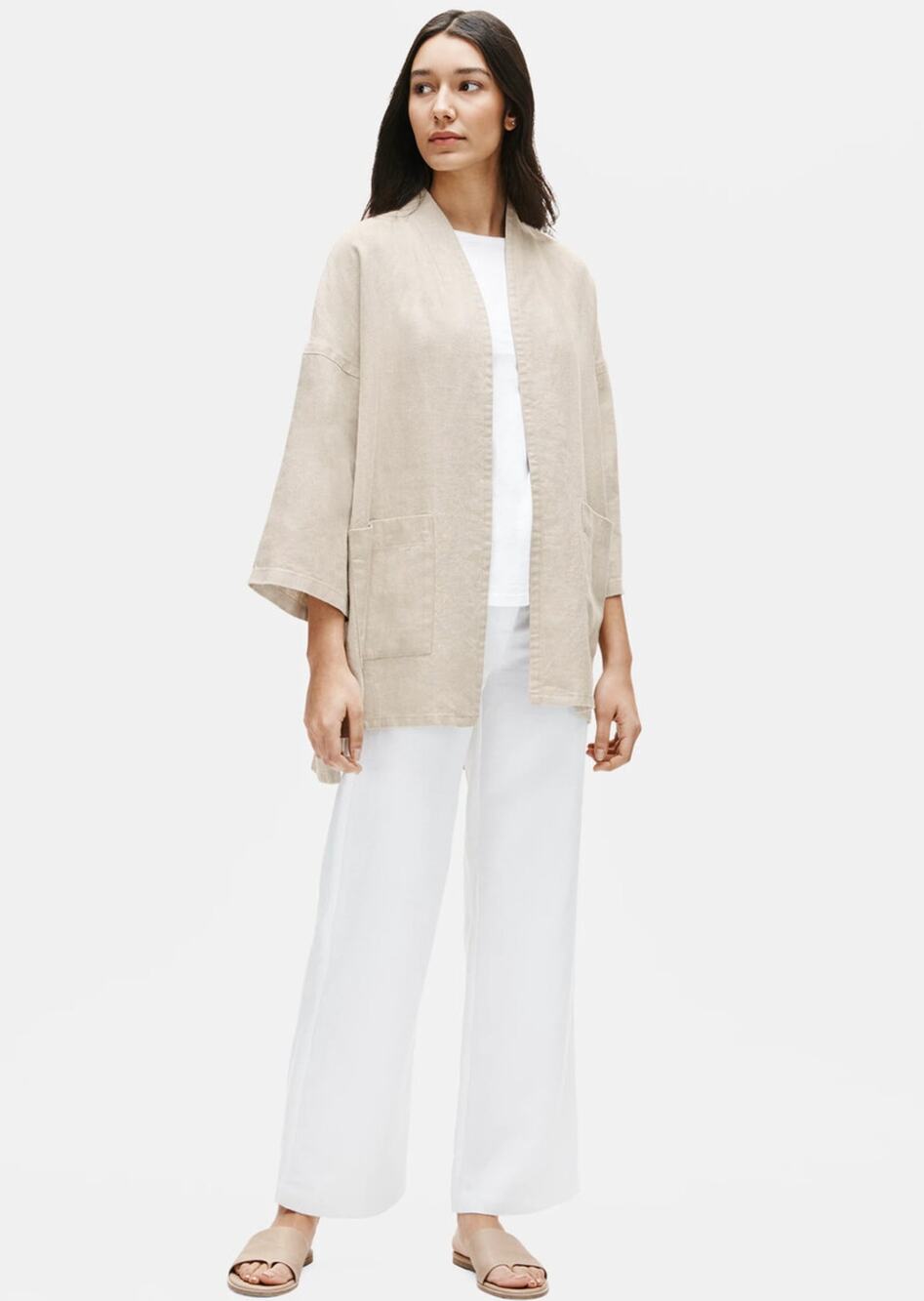 Eileen Fisher Heavyweight Linen Sand Smock Pocket Open Front Jacket Lagenlook M
